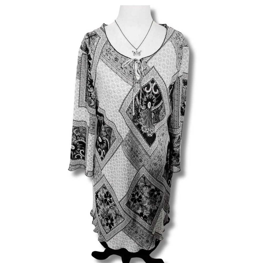 REITMAN'S Black white floral paisley geometric print tunic top ~ MEDIUM LARGE